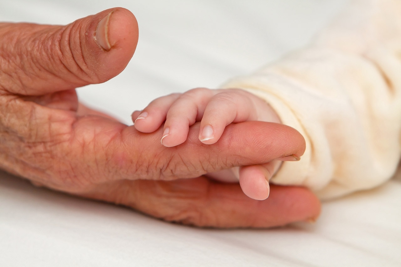 Tiny baby hand holding aged hand of Great Grandma ** Note: Slight graininess, best at smaller sizes